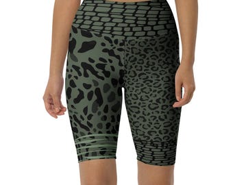 High Waisted Forest Green Animal Print Biker Shorts Cheezebra Pattern Activewear Women Safari Workout Shorts Yoga Gym Biker Shorts Gym Short
