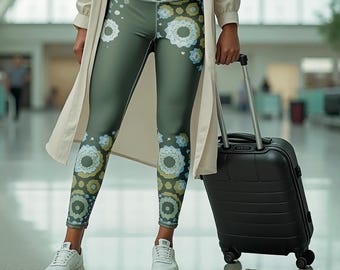 Floral Yoga Leggings Green Workout Pants Women Athletic Wear Comfortable Mom Fitness Attire Casual Exercise Gym Outfit Stretchy Bottoms