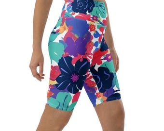 Floral Splash Biker ShortsHigh Waisted Colorful Floral Biker Shorts Vibrant Flower Activewear Women Bold Botanical Workout Shorts Yoga Gym