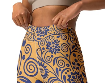 Boho Floral Yoga Leggings Mustard Gold Womens Yoga Pants Mandala Workout Leggings Festival Activewear Stretch Fitness Tights
