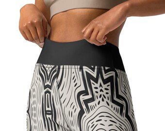 Black White Abstract Yoga Leggings Womens Workout Leggings Modern Tribal Pattern Activewear Stylish Gym Tights Stretch Fitness Pants