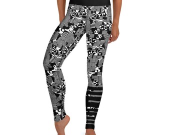 Black White Abstract Pattern Yoga Leggings High Waist Womens Workout Leggings Modern Art Print Activewear Stylish Fitness Pants