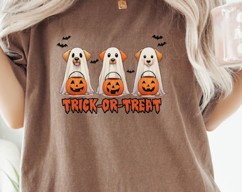 Trick or Treat Dog Ghost Shirt, Cute Halloween Tee for Dog Moms, Spooky Season Comfort Colors Shirt, Dogs Lover, Halloween Ghost Dog