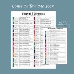 Peut inclure: Un marque-page imprimable avec un schéma de couleurs bleu, blanc et rouge. Le marque-page présente un calendrier des lectures de Doctrine et Alliances pour le programme Come Follow Me en 2025. Le marque-page mesure 11,4 cm sur 17,8 cm.