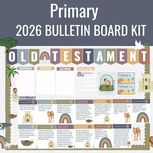 May include: A colorful bulletin board kit for 2026, with the word "Primary" at the top. The banner reads "Old Testament" and includes sections for birthdays, activities, and a calendar. The kit features illustrations and text.