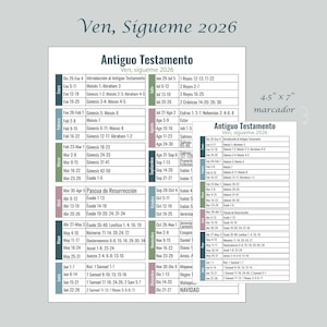 Puede incluir: Un calendario impreso con el texto "Ven, Sígueme 2026" y "Antiguo Testamento". El calendario mide 11.4 x 17.8 cm y presenta un programa de lecturas bíblicas de enero a diciembre.