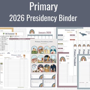 Peut inclure: Ensemble de pages de classeur imprimables pour la Présidence Primaire 2026. Les pages présentent des illustrations d'arc-en-ciel et de chameaux, avec du texte tel que "Primaire", "Ancien Testament" et "Janvier 2026". Le design est en couleurs pastel douces.