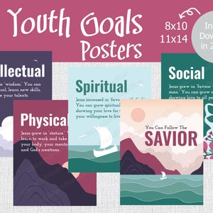 May include: A set of colorful posters with the text "Youth Goals Posters." Each poster features a different theme: Intellectual, Spiritual, Physical, and Social. The posters are available in 8x10 and 11x14 sizes, with an instant download option.