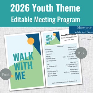 May include: A two-page meeting program with the text "2026 Youth Theme Editable Meeting Program." The front page says "Walk With Me" in large teal letters. The back page lists the meeting agenda and speakers.