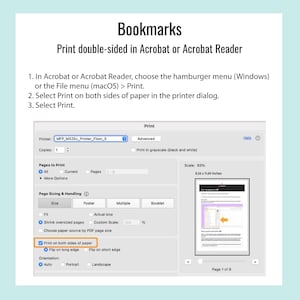 May include: Screenshot of a computer screen showing print settings for double-sided printing in Acrobat or Acrobat Reader. The image includes instructions and a preview of the document, with a light blue background.