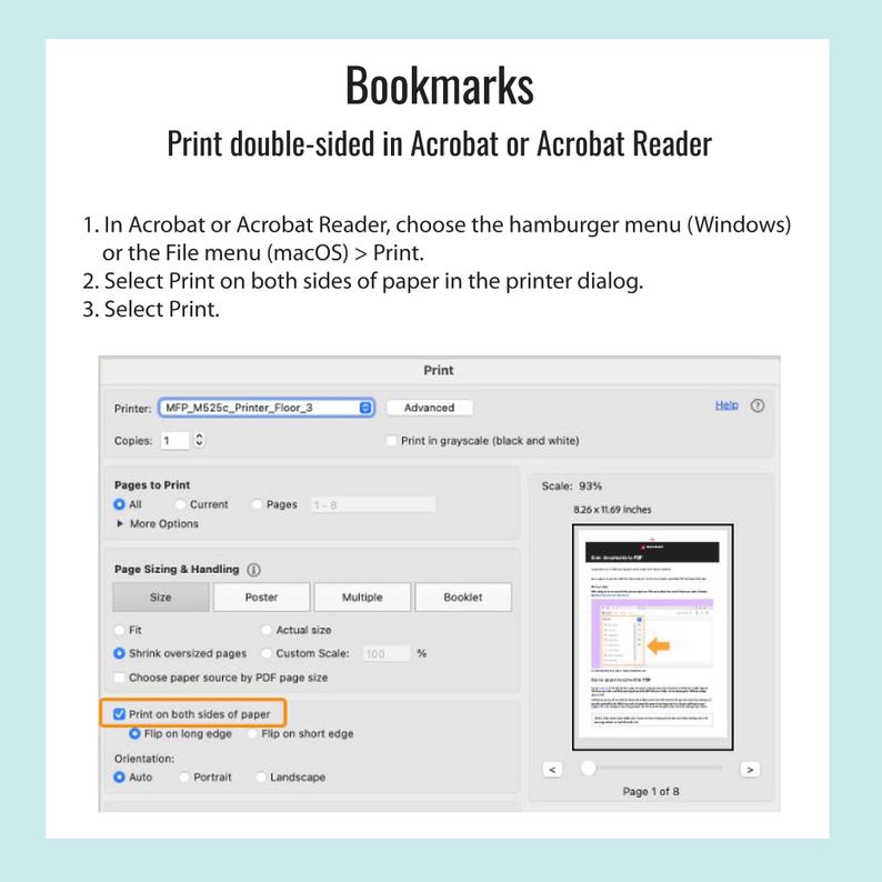May include: Screenshot of a computer screen showing print settings for double-sided printing in Acrobat or Acrobat Reader. The image includes instructions and a preview of the document, with a light blue background.
