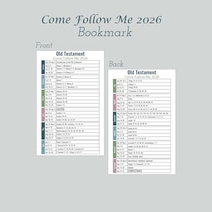 May include: A double-sided bookmark with the text "Come Follow Me 2026" and a list of Old Testament readings. The front side has a calendar layout with dates and references. The back side also has a calendar layout with dates and references.
