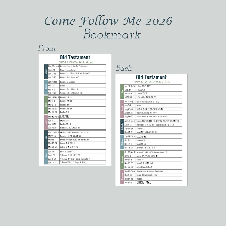 May include: A double-sided bookmark with the text "Come Follow Me 2026" and a list of Old Testament readings. The front side has a calendar layout with dates and references. The back side also has a calendar layout with dates and references.