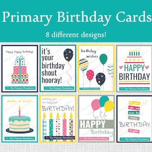 Primäre Geburtstags-Geschenkanhänger, Primäre Leckereien-Tags, HLT-Geburtstagsnotizen und Handouts, Geburtstagskarten für PV-Kinder von der Präsidentschaft der Primarvereinigung