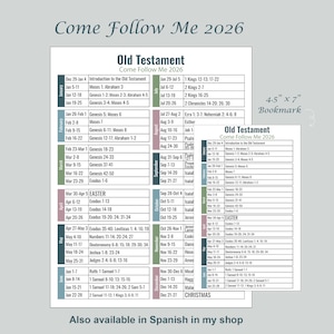 May include: A 11.4 cm x 17.8 cm bookmark featuring the text "Come Follow Me 2026" and a calendar for the Old Testament. The bookmark lists dates and biblical references, with the text "Also available in Spanish in my shop."