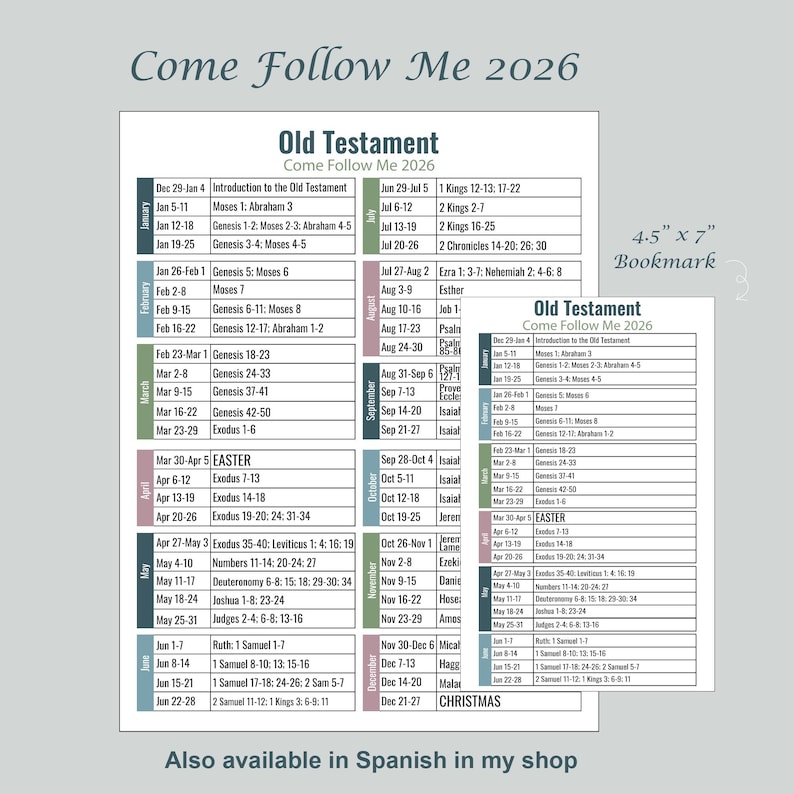 May include: A 4.5" x 7" bookmark with the text "Come Follow Me 2026" and a calendar layout for the Old Testament. The bookmark includes dates and biblical references, with the text "Also available in Spanish in my shop."