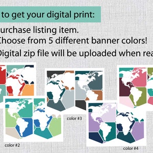 K&ouml;nnte beinhalten: F&uuml;nf verschiedene Farbvarianten eines Weltkarten-Drucks mit hexagonalem Muster. Die Farben umfassen Rot, Orange, T&uuml;rkis, Grau und Lila. Der Text "So erhalten Sie Ihren digitalen Druck:" befindet sich oben im Bild. Der Text unter dem Bild lautet: "1. Kauf des Artikels in der Liste. 2. W&auml;hle aus 5 verschiedenen Bannerfarben! 3. Die digitale Zip-Datei wird hochgeladen, sobald sie fertig ist."