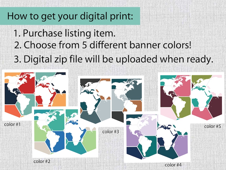 K&ouml;nnte beinhalten: F&uuml;nf verschiedene Farbvarianten eines Weltkarten-Drucks mit hexagonalem Muster. Die Farben umfassen Rot, Orange, T&uuml;rkis, Grau und Lila. Der Text "So erhalten Sie Ihren digitalen Druck:" befindet sich oben im Bild. Der Text unter dem Bild lautet: "1. Kauf des Artikels in der Liste. 2. W&auml;hle aus 5 verschiedenen Bannerfarben! 3. Die digitale Zip-Datei wird hochgeladen, sobald sie fertig ist."