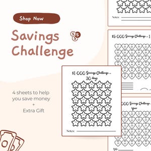 Peut inclure: Un imprimé de défi d'épargne avec le texte "Savings Challenge" et "Shop Now". L'image comprend quatre feuilles pour aider à économiser de l'argent, avec des graphiques en forme d'étoile et de cœur pour suivre les objectifs d'épargne.