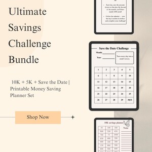 Peut inclure: Un ensemble de planificateurs d'épargne imprimables, comprenant un ensemble de défis d'épargne avec un calendrier et un planificateur d'épargne de 10 000. L'ensemble comprend un bouton "Save the Date Challenge".