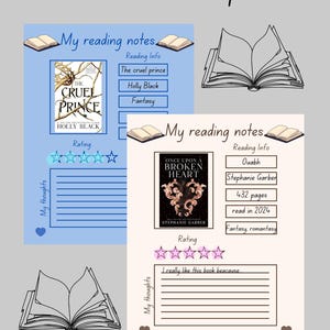 May include: A light gray book review template with the text "Book review template". Two book review templates are shown, one blue and one beige, with book covers, reading info, and rating sections. The text "My reading notes" is visible.