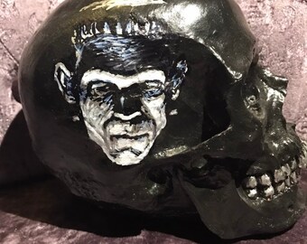 Frankenstein's Monster '31, Boris Karloff acrylic portrait on life sized skull!