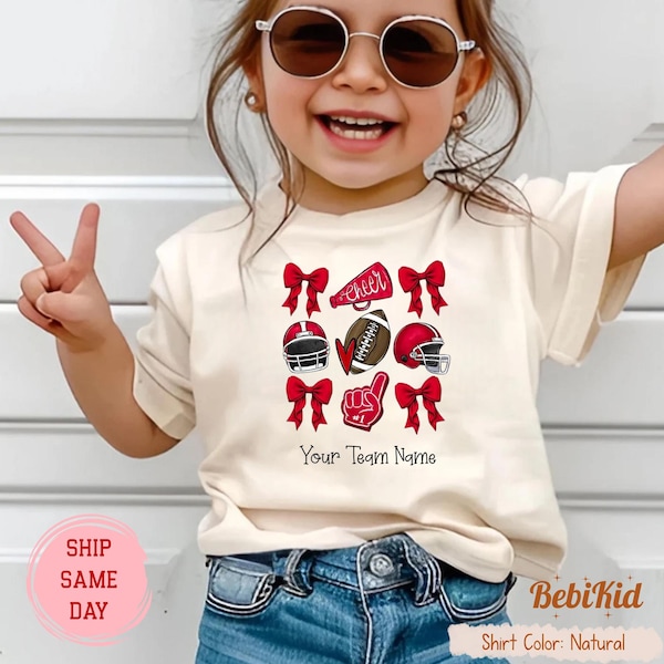 Custom Coquette Bow Cheer Shirt: Girls Football Team Mascot, Toddler & Youth