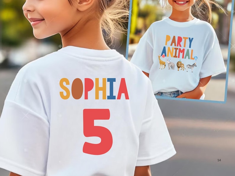 Pu&ograve; includere: Maglietta bianca con il nome "SOPHIA" in lettere colorate e il numero "5" in rosso. La parte anteriore della maglietta nell'immagine ha la scritta "PARTY ANIMAL" con illustrazioni di animali. La maglietta &egrave; probabilmente per il compleanno di un bambino.