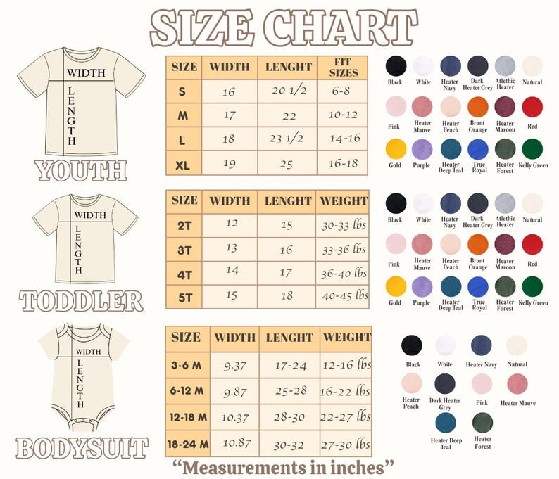 Pu&ograve; includere: Tabella delle taglie per abbigliamento per ragazzi, bambini piccoli e body. Include misure in pollici per larghezza, lunghezza e peso, insieme alle taglie. Sono visualizzate anche le campionature di colore.