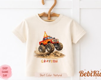 Maglietta di compleanno personalizzata con monster truck, maglietta da corsa personalizzata per bambini