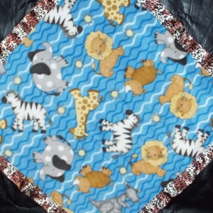 READY TO SHIP Noah&#39;s Ark animals warm 2 layer fleece blanket with brown leopard satin binding For Children, toddlers babies 31&quot;x31&quot;