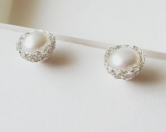 White Pearl Stud Earrings. Delicate Silver Studs. Bridal Earrings. Wire Crochet Jewelry.