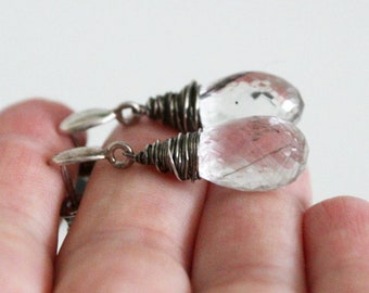 Tourmaline Quartz Teardrop Earrings Wire Wrapped in Sterling Silver Wire. Minimalist Gemstone Earrings.