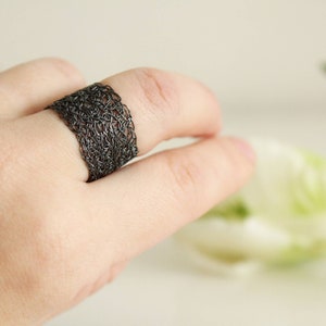 Wire Crochet Wide Ring. Oxidized Silver Statement Ring. Wide Band Ring. Wire Crochet Jewelry.