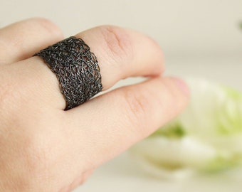 Wire Crochet Wide Ring. Oxidized Silver Statement Ring. Wide Band Ring. Wire Crochet Jewelry.