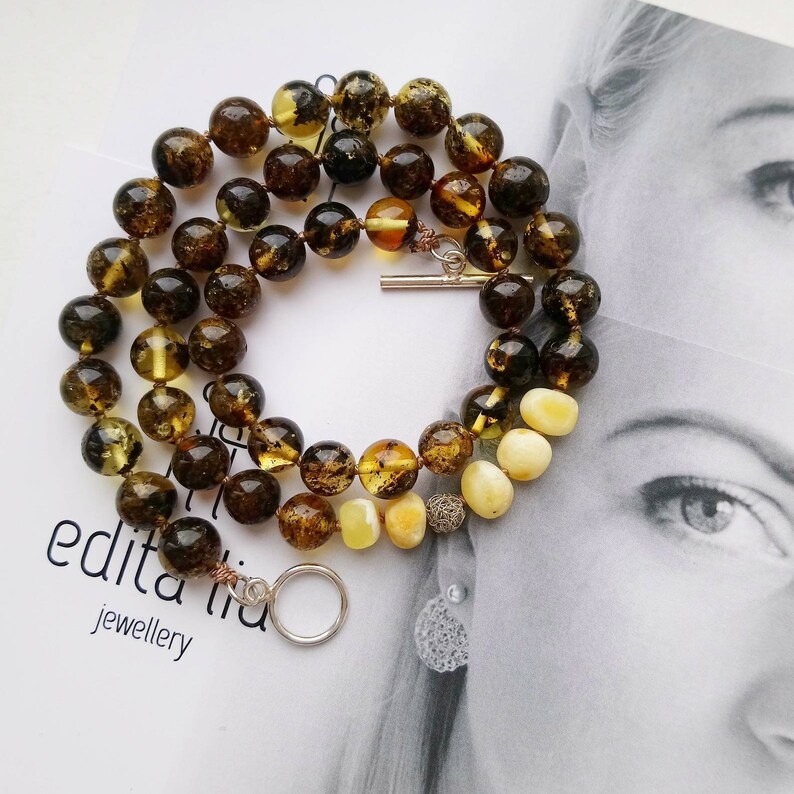 Asymmetrical Knotted Baltic Amber Necklace. Beaded Green Amber Necklace