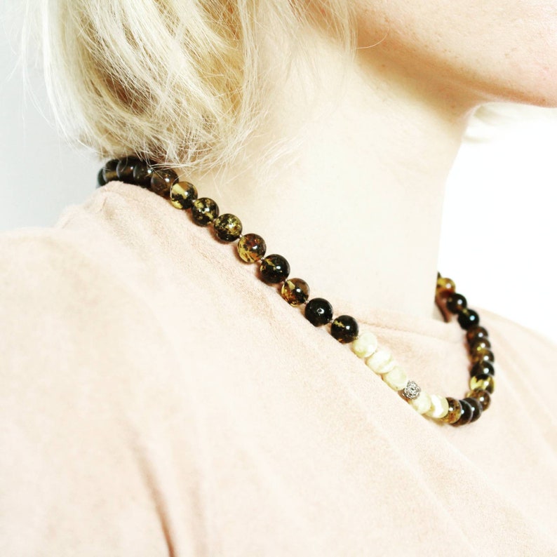 Asymmetrical Knotted Baltic Amber Necklace. Beaded Green Amber Necklace