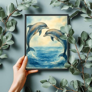 Watercolor Dolphin Wall Art - Ocean Coastal Printable - Marine Life House Decor - Digital Download
