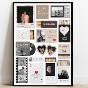 Może przedstawiać: Oprawiony kolaż z różnymi fotografiami, pudełkami zapałek i kartami. Kolaż zawiera zdjęcia par, płytę winylową i wieżę Eiffla. Elementy tekstowe obejmują daty, lokalizacje i frazy takie jak "Kocham cię" i "The Perfect Match."