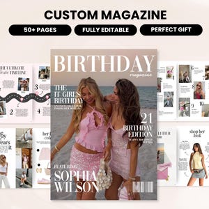 以下が含まれることがあります： 上部に「CUSTOM MAGAZINE」というテキストが入ったカスタムマガジンのレイアウト。表紙にはピンクの衣装を着た女性2人と「BIRTHDAY」と「SOPHIA WILSON」の文字が描かれています。追加ページには写真とテキストが表示され、「50+ PAGES」と「FULLY EDITABLE」という言葉が使われています。