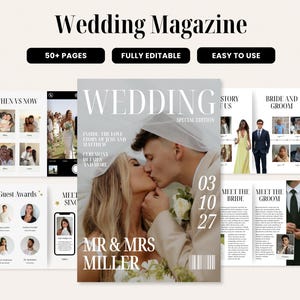 May include: A digital wedding magazine template featuring a cover with a couple kissing, titled WEDDING SPECIAL EDITION MR & MRS MILLER. The layout includes pages for Then vs Now, Guest Awards, Meet the Bride, and Meet the Groom sections.