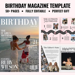 May include: A magazine template with the title "BIRTHDAY MAGAZINE TEMPLATE" and the text "50+ PAGES • FULLY EDITABLE • PERFECT GIFT". The cover features two women on a beach. Inside pages show photos and text.