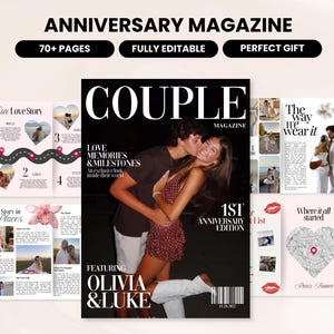 Peut inclure: Un magazine intitulé "COUPLE MAGAZINE" avec le texte "1ST ANNIVERSARY EDITION" représentant un couple s'embrassant. Le magazine comprend des pages avec des photos et du texte, avec les mots "70+ PAGES" et "FULLY EDITABLE" en haut. Le magazine est un cadeau.