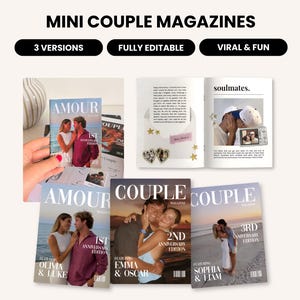 May include: A set of three mini couple magazines featuring customizable covers and interior pages. The covers display titles like AMOUR and COUPLE with anniversary editions for couples. The interior pages include text, photos, and decorative elements like gold stars and heart-shaped frames.