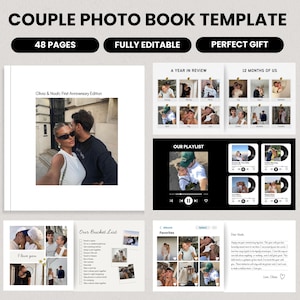 以下が含まれることがあります： 「Couple Photo Book Template」のテキストが入った、カップルのフォトブックテンプレート。48ページで、完全に編集可能です。写真、テキスト、そして「Perfect Gift」のテキストが含まれています。