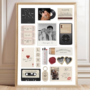 May include: A framed collage with assorted keepsakes. It features a Gemini constellation graphic, photos, a vinyl record, a music player, ticket stubs, playing cards, a lighter, a cassette tape, a keychain, and a postcard. The text "i love you" is visible.