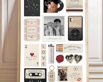 Könnte beinhalten: Eine gerahmte Collage mit verschiedenen Andenken. Enthält eine Grafik des Sternbilds Zwillinge, Fotos, eine Schallplatte, einen Musikplayer, Ticketabschnitte, Spielkarten, ein Feuerzeug, eine Kassette, einen Schlüsselanhänger und eine Postkarte. Der Text "i love you" ist sichtbar.