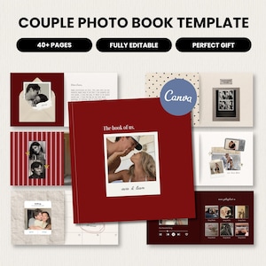 May include: A digital couple photo book template featuring a deep red cover with the text The book of us and ava & liam. The layout includes 40+ pages with various photo frames, text boxes, and graphic elements like envelopes and music players.