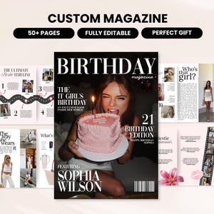 May include: A custom magazine layout with the text "CUSTOM MAGAZINE" at the top. The magazine cover features a woman holding a pink birthday cake. The text "BIRTHDAY" and "21 BIRTHDAY EDITION" are also visible.