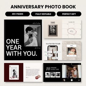 Peut inclure: Un modèle de livre photo anniversaire de plus de 40 pages avec des mises en page noires, blanches et rouge foncé. Il comprend des textes comme ONE YEAR WITH YOU, Texts That Make Me Smile et 10 REASONS I LOVE YOU, avec des emplacements pour photos.